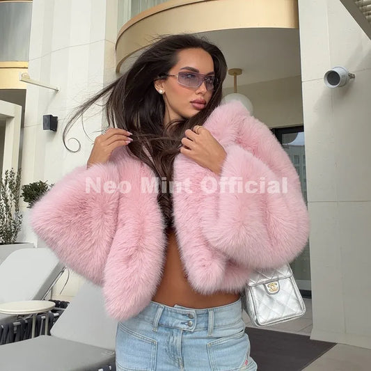 Winter 2026 Sweet Girls Pink Hooded Cropped Eco Fur Coat Women Thick Warm Fluffy Faux Fox Jackets Short Overcoat Female