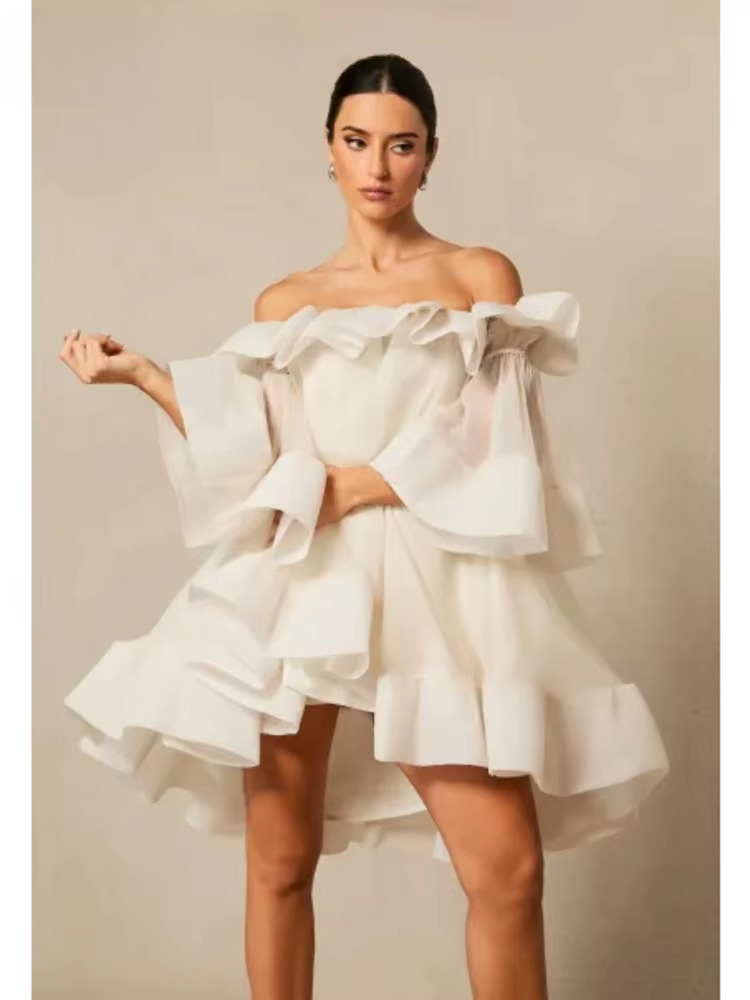 Women's Spring Summer Off Shoulder Tiered Ruffle Flared Mini Dress Sweet Prom Party Wear 2026 Trendy Feminine Fashion Dress