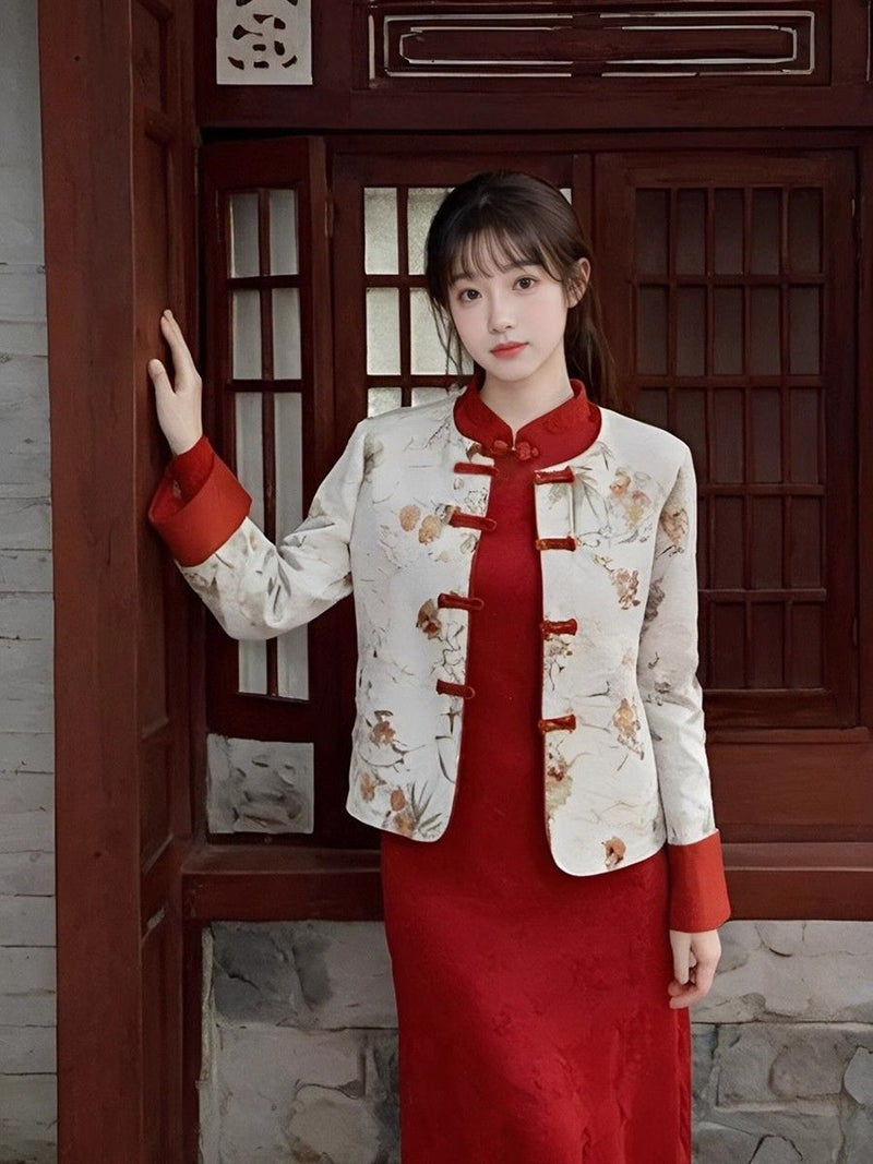 Improved Cheongsam Retro Coat High-end Autumn and Winter Temperament Cool Jacquard Dress