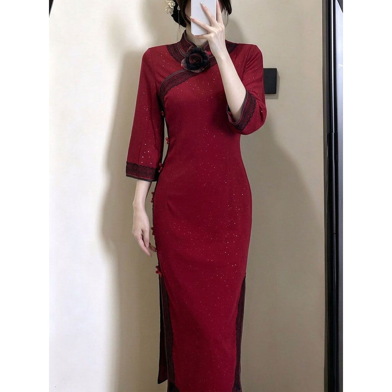 2026 Autumn Long Versatile Cheongsam Dress with Slimming Temperament Retro Chinese Style and Slim Fit