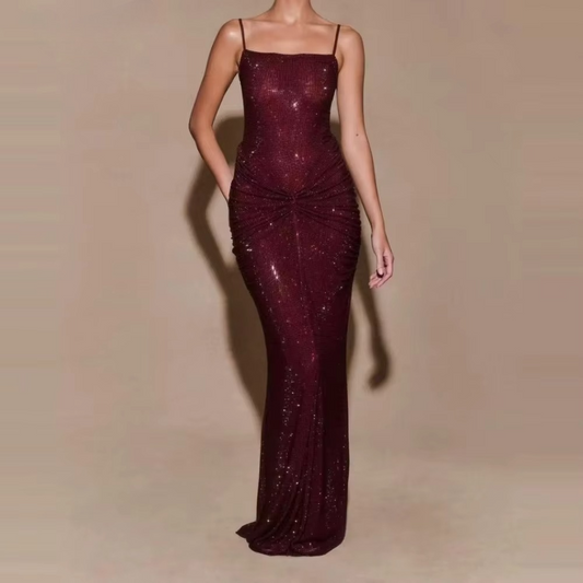 Sexy French Spliced Rhinestone Backless Maxi Dress for Women Square Collar Sleeveless Bodycon Elegant Evening Gown Female