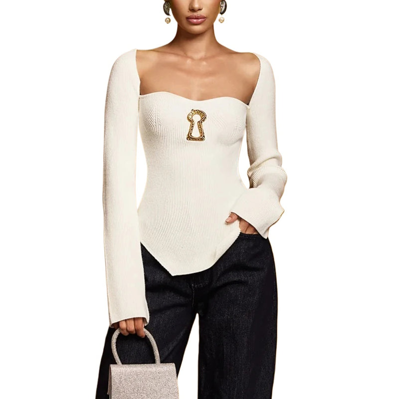 Solid Versatile Spliced Metal Knitted Top for Women Square Neck Long Sleeves Slim Asymmetric Hem Temperament Sweater Female