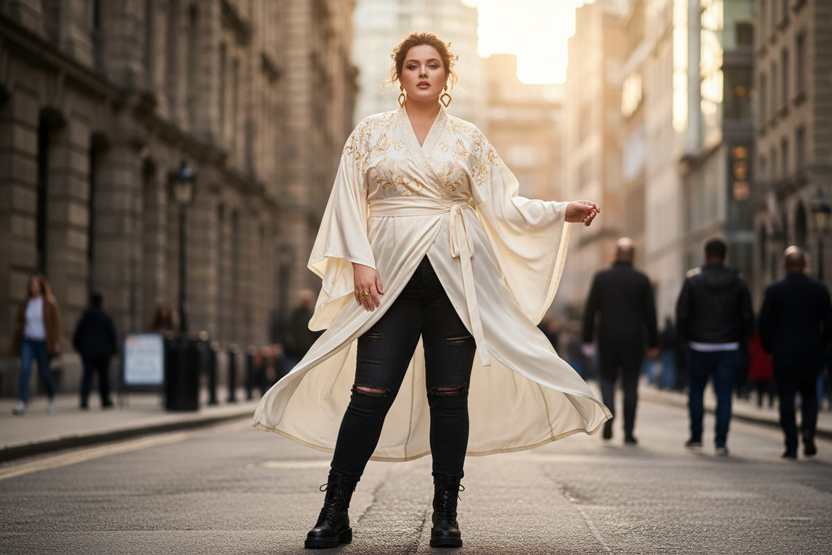 Adaptive contour framework: size inclusive Hanfu wrap top anchored with streetwear denim.