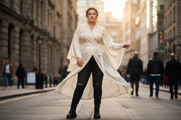 Adaptive contour framework: size inclusive Hanfu wrap top anchored with streetwear denim.