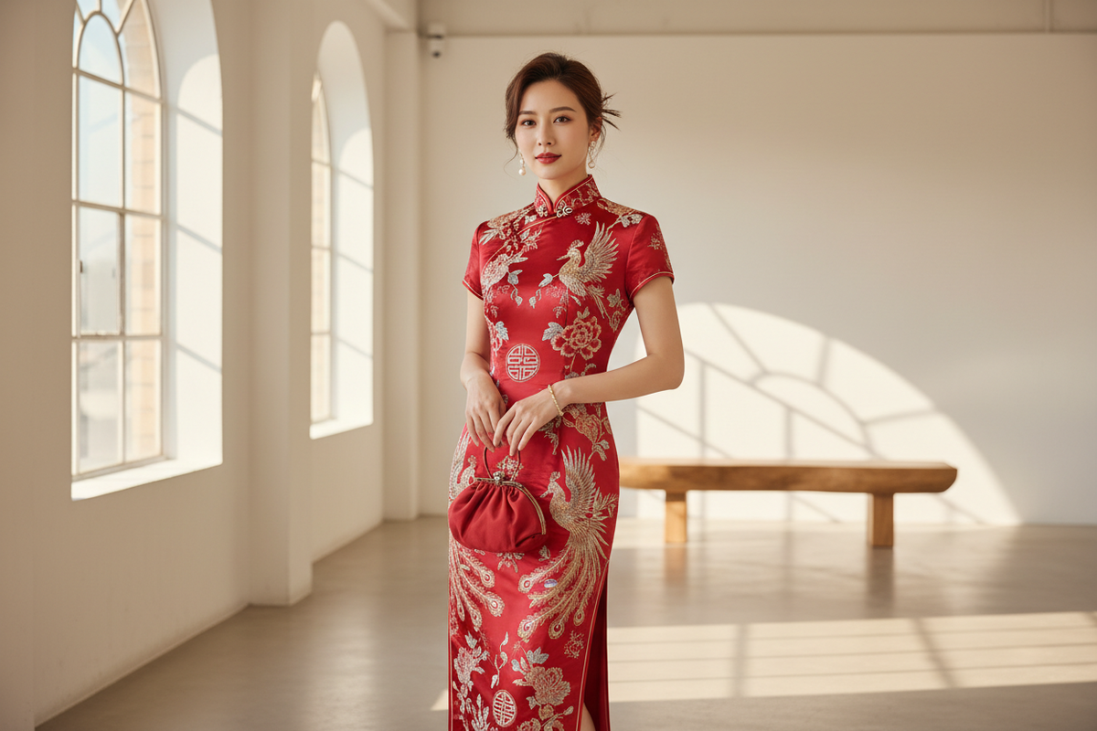 Affordable Hanfu 2026 — East Asian woman in red embroidered Qipao, authentic Chinese dress from $69 at Olive Girl, real embroidery not costume