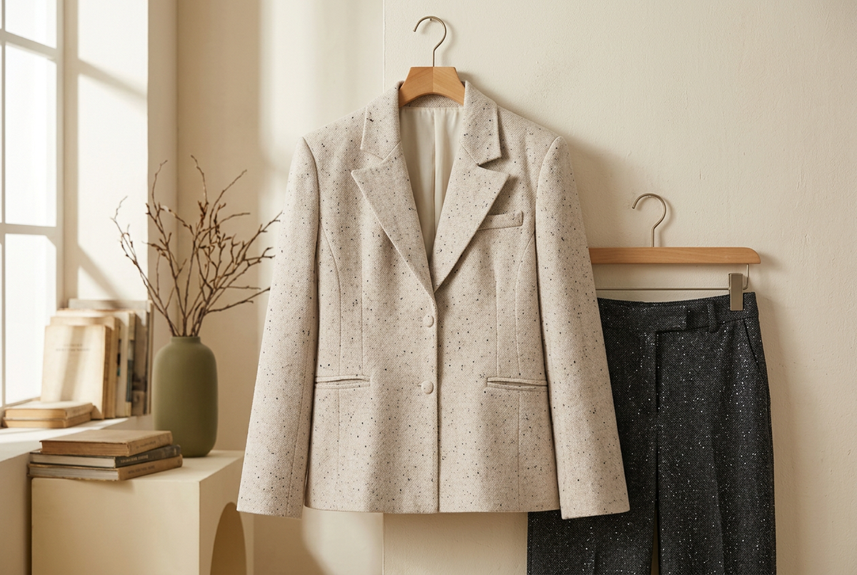 Beige Blazers with Sparkle Trousers: Let Texture Lead