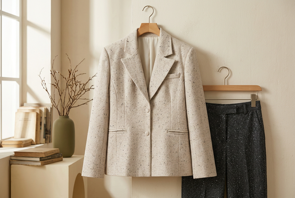 Beige Blazers with Sparkle Trousers: Let Texture Lead
