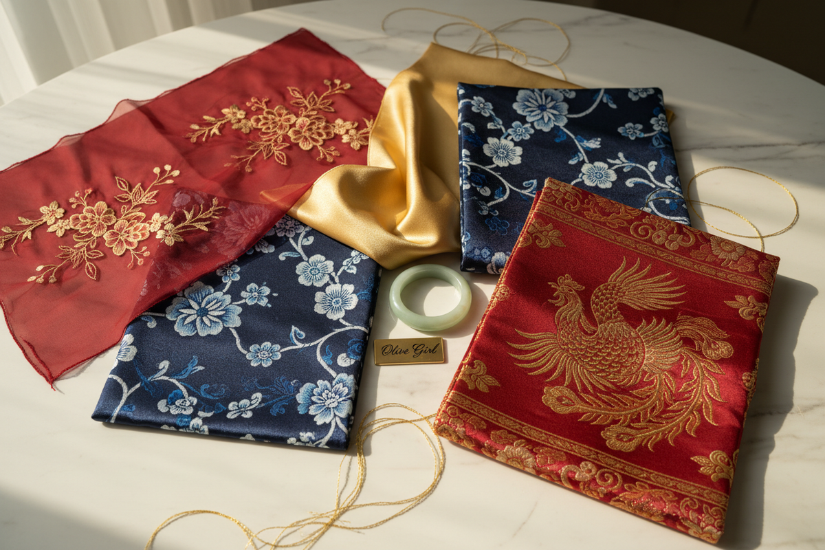 Best Hanfu brands 2026 — authentic Hanfu fabric swatches deep red embroidered chiffon navy jacquard gold satin heavy brocade phoenix Olive Girl tag jade bangle gold embroidery threads white marble real craftsmanship, Olive Girl