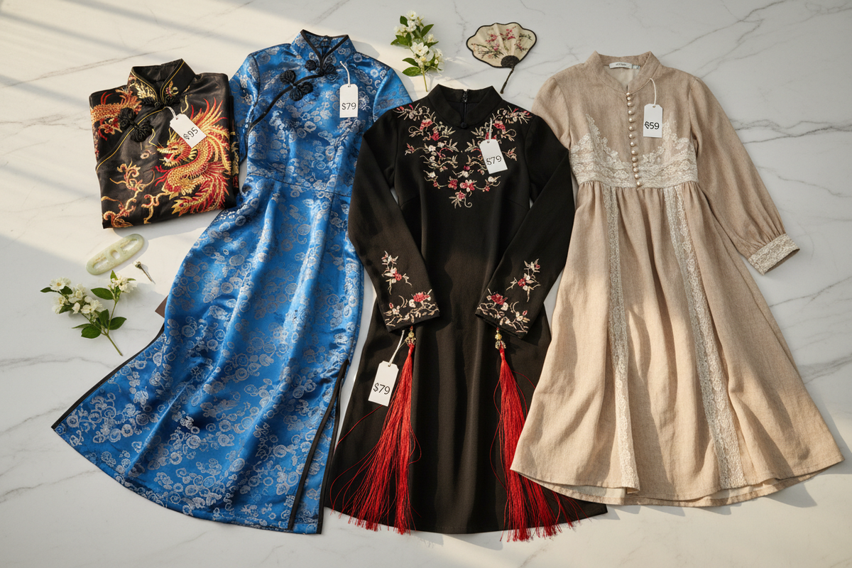 Best Hanfu under $100 2026 — black embroidered Qipao blue jacquard Qipao black embroidered top beige romantic dress flat-lay white marble authentic Chinese heritage fashion budget guide, Olive Girl
