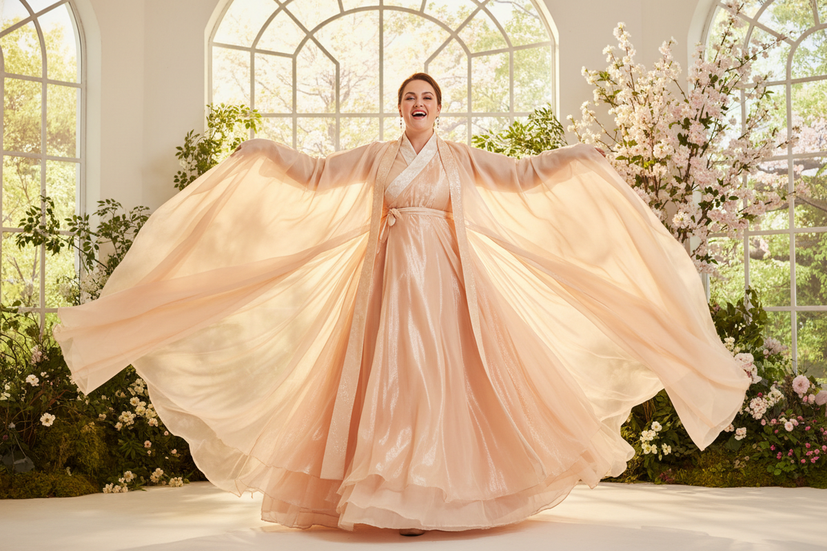 Best plus size Hanfu 2026 — confident radiant woman in flowing wide-sleeve Hanfu dress, universally flattering silhouette, XS–3XL at Olive Girl, every body every style