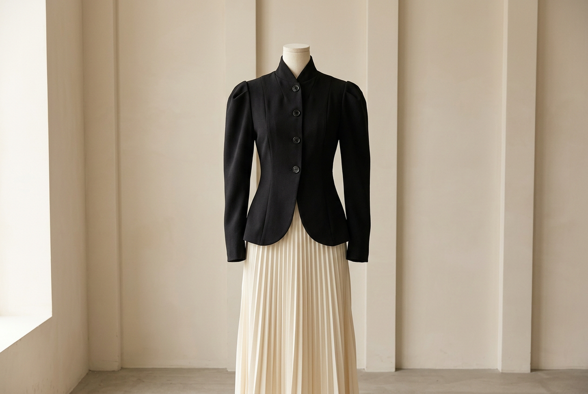 Black Rounded-Hem Jackets with Pleated Skirts