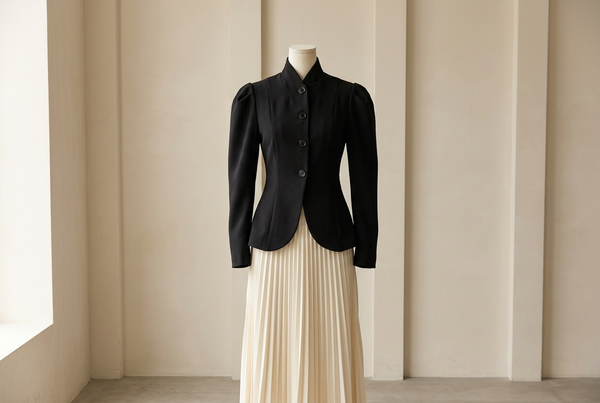 Black Rounded-Hem Jackets with Pleated Skirts