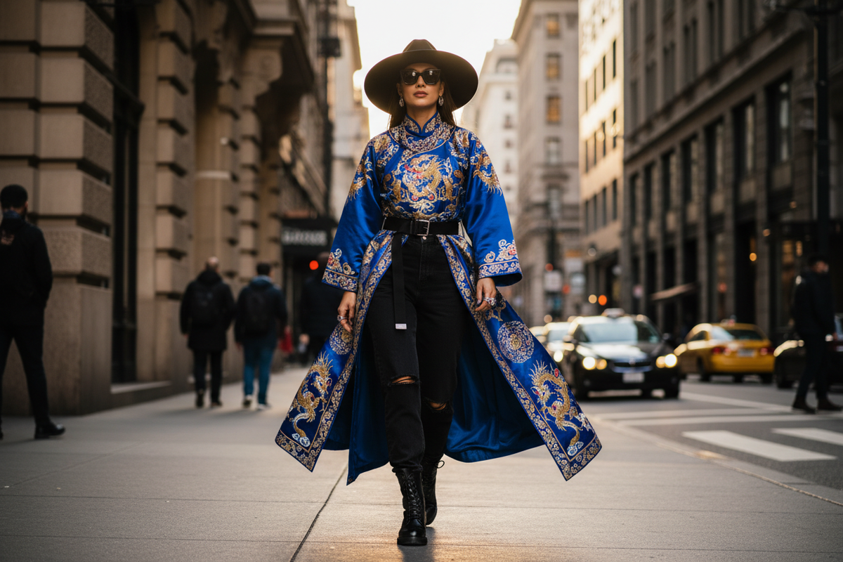 Ethereal blue Hanfu wrap layered over black streetwear denim, breaking the neutral minimalist trap.