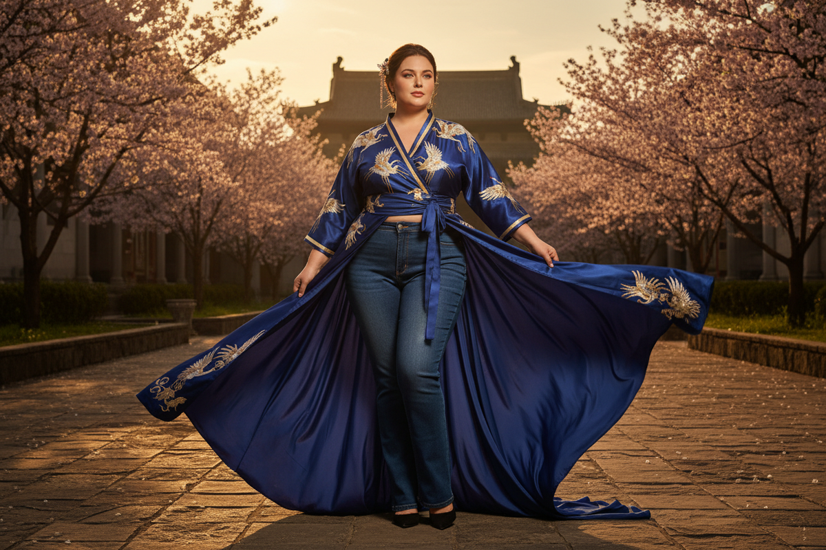 Body positive ethereal style: a flowing adjustable Hanfu wrap top paired with structured denim.