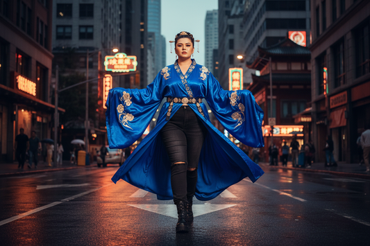 Body positive ethereal style: blue adjustable Hanfu wrap over structured black streetwear denim.