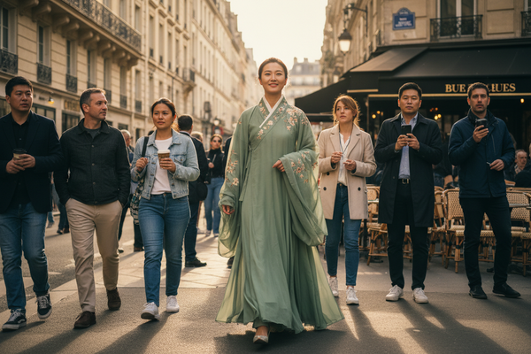Can I wear hanfu in public? Yes — confident East Asian woman in authentic embroidered hanfu dress walking through a modern Western city street