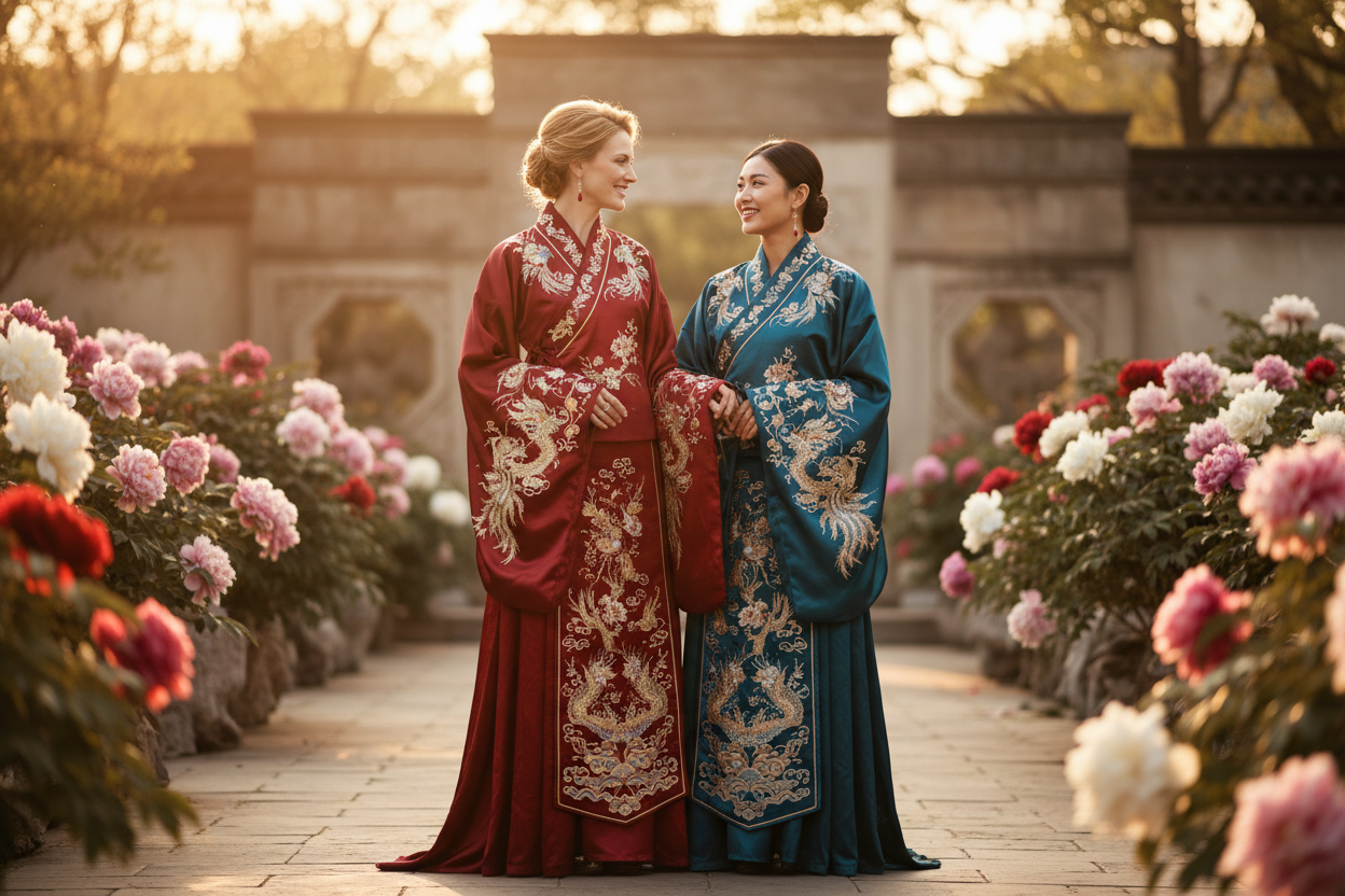 Western and Chinese women wearing authentic hanfu dresses together in a classical garden — cultural appreciation, not appropriation