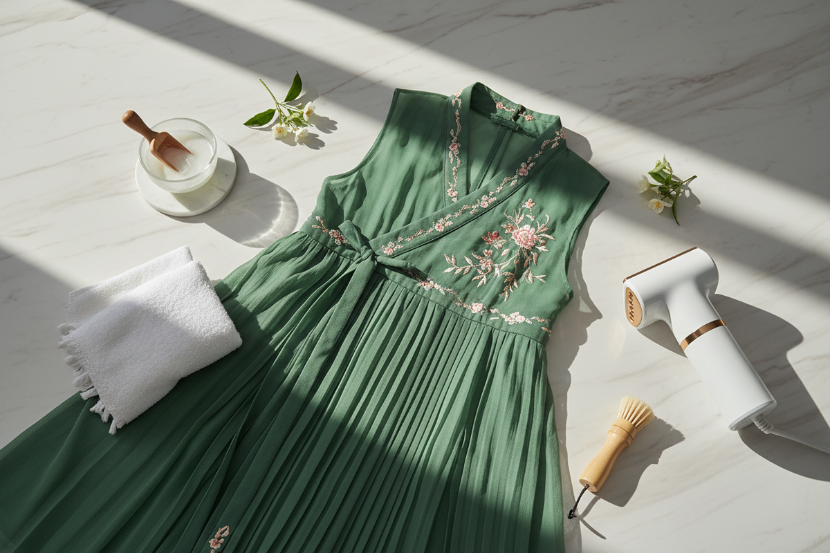 Can you machine wash Hanfu 2026 — green chiffon Hanfu flat-lay white marble surface gentle detergent soft towel garment steamer complete care guide, Olive Girl