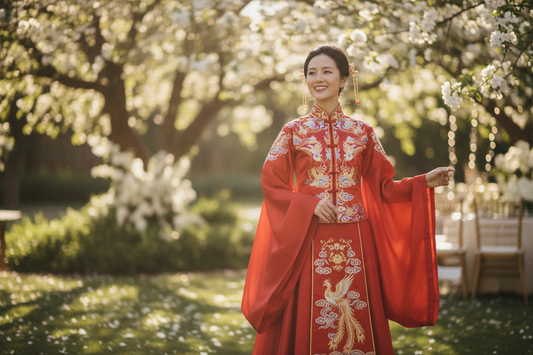 Chinese dress for wedding guest — elegant Hanfu in garden wedding setting, authentic not costume, Olive Girl 2026