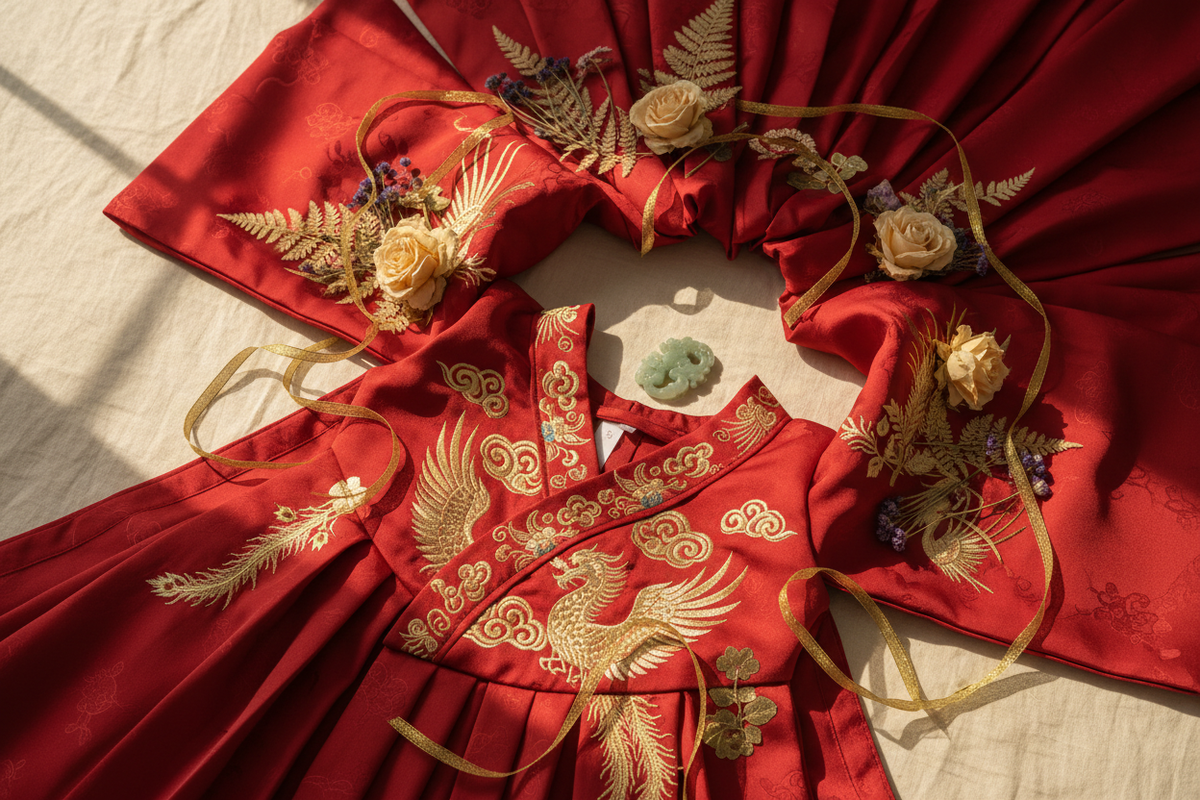 Chinese dress gift guide 2026 — red embroidered Hanfu dress flat-lay with gold ribbon, best Hanfu gift for women from $69 at Olive Girl