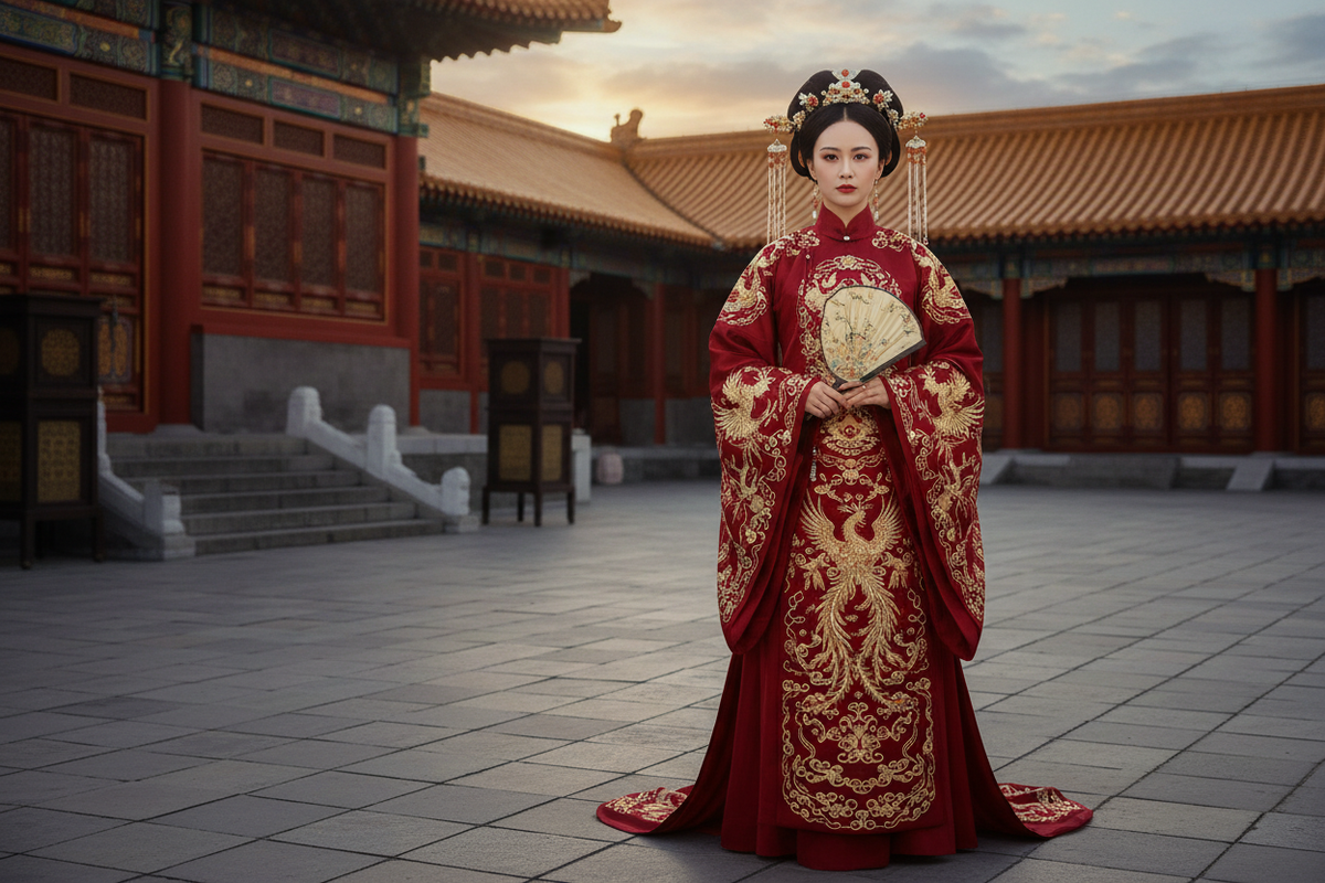 Chinese empress Tang Dynasty Hanfu guide 2026 — commanding regal East Asian woman deep red wide-sleeve Tang Hanfu gold phoenix embroidery imperial palace elaborate buyao hair pins Wu Zetian style, Olive Girl