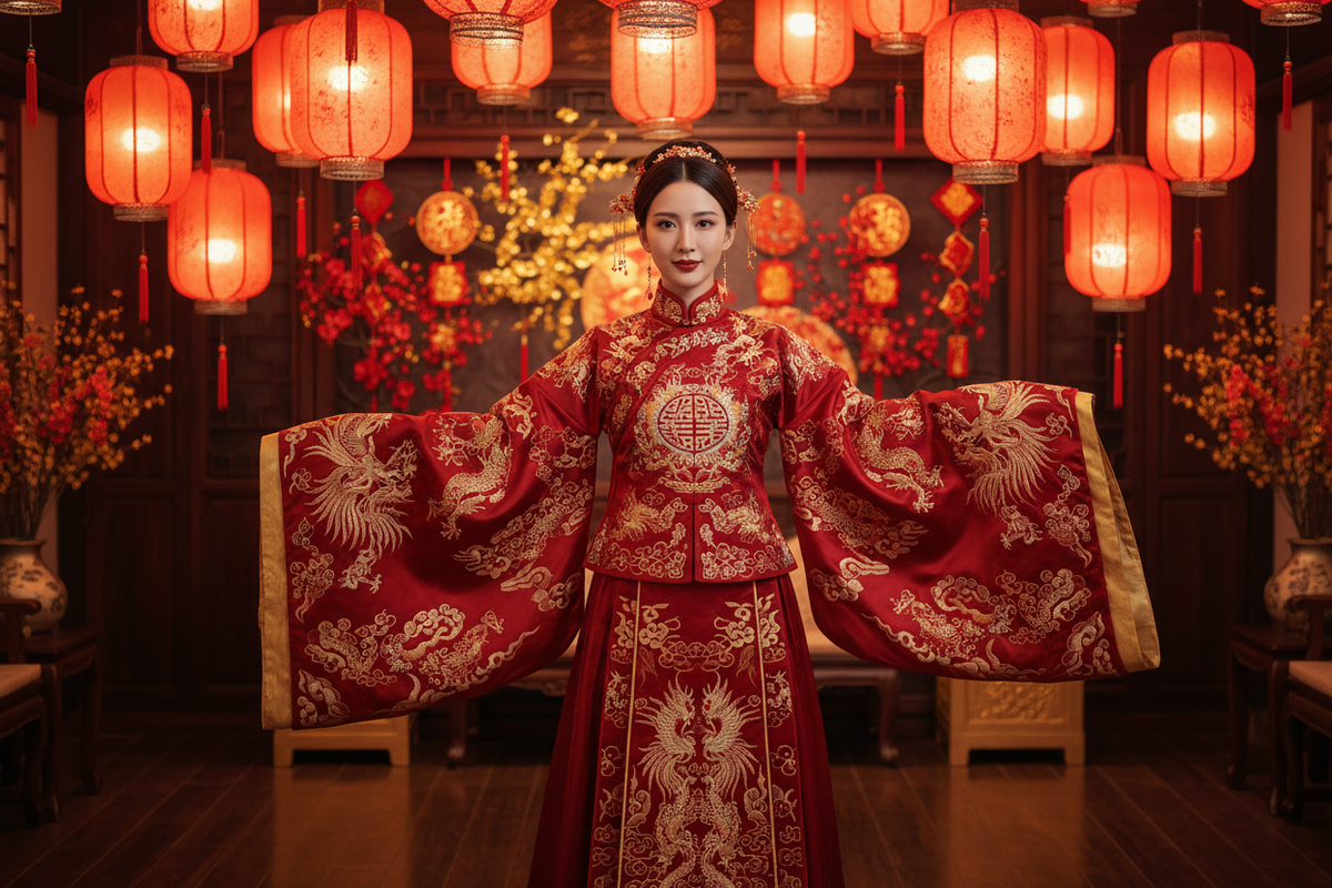 Chinese New Year dress 2026 — East Asian woman in red embroidered Hanfu dress with wide sleeves, red lantern light, authentic Lunar New Year fashion at Olive Girl