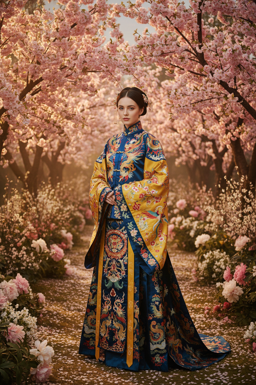 Beautiful Caucasian woman wearing a stunning traditional Chinese Hanfu dress with utmost elegance and respect in a blooming garden