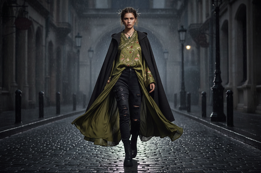 Dark cottagecore style: flowing earthy green Hanfu anchored with black streetwear denim jeans.