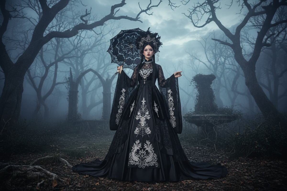 A high fashion editorial photography of a beautiful Asian woman wearing a breathtaking dark gothic black Lolita dress infused with flowing traditional Chinese Hanfu elements standing in a moody European forest