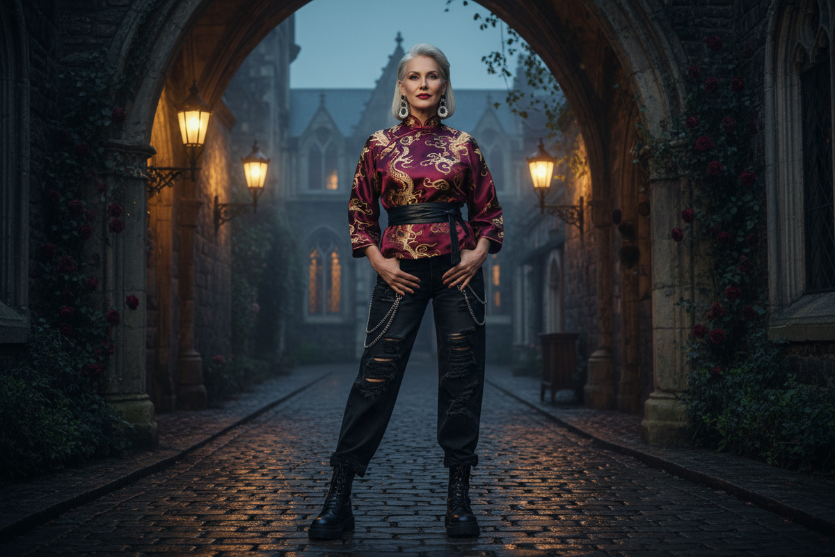 Mature dark ethereal style: a black embroidered heritage Qipao paired with edgy streetwear denim.