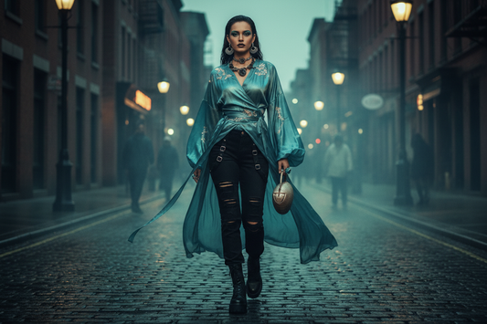 Dark siren aesthetic: flowing blue-green Hanfu wrap top anchored with black streetwear denim.