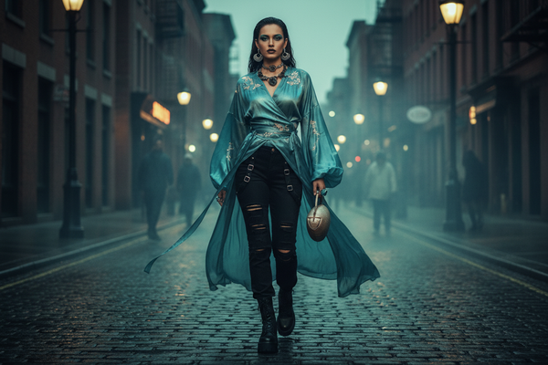 Dark siren aesthetic: flowing blue-green Hanfu wrap top anchored with black streetwear denim.