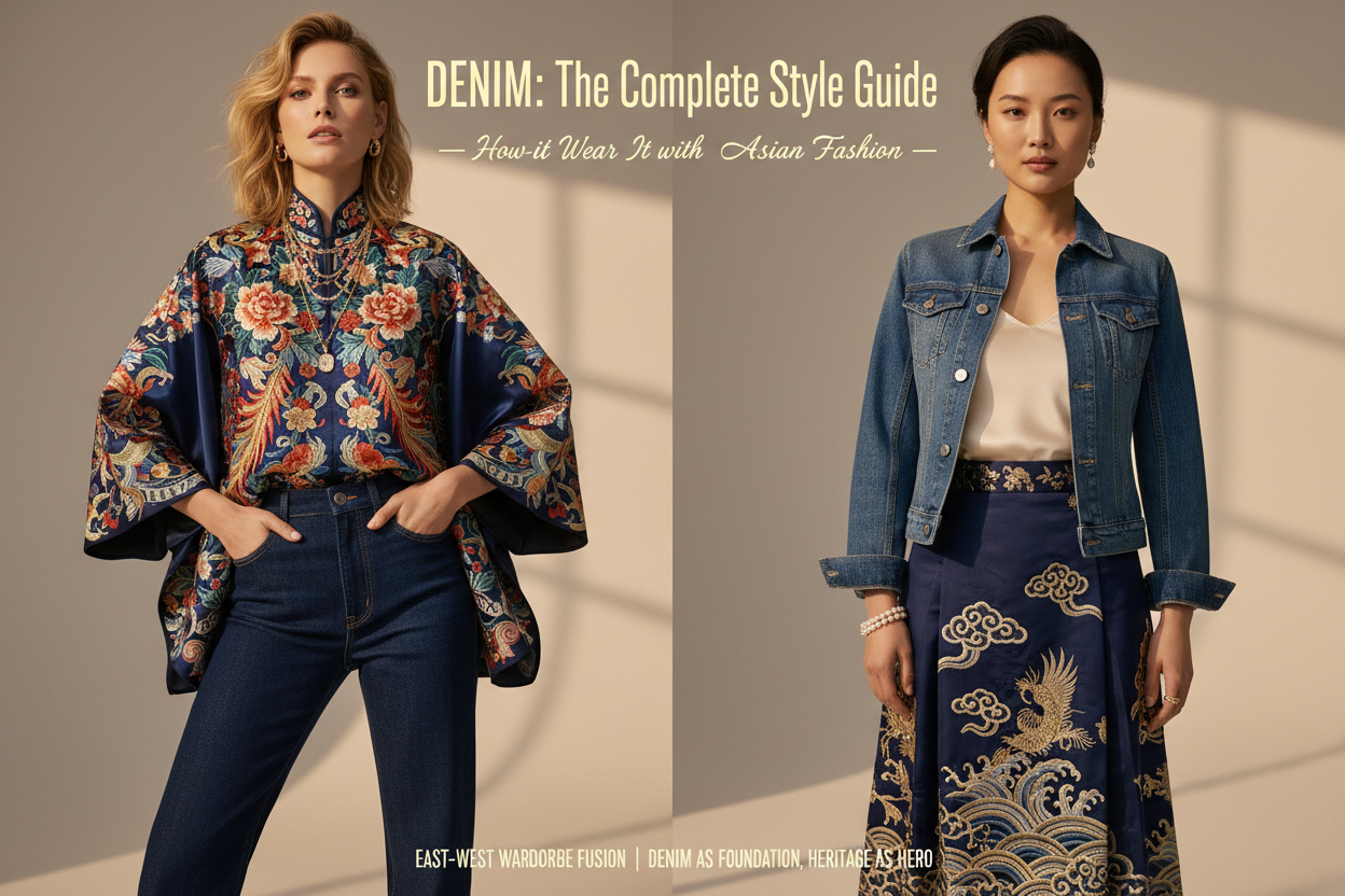 Denim style guide — dark indigo jeans paired with Chinese embroidered top and Ma Mian Skirt with denim jacket
