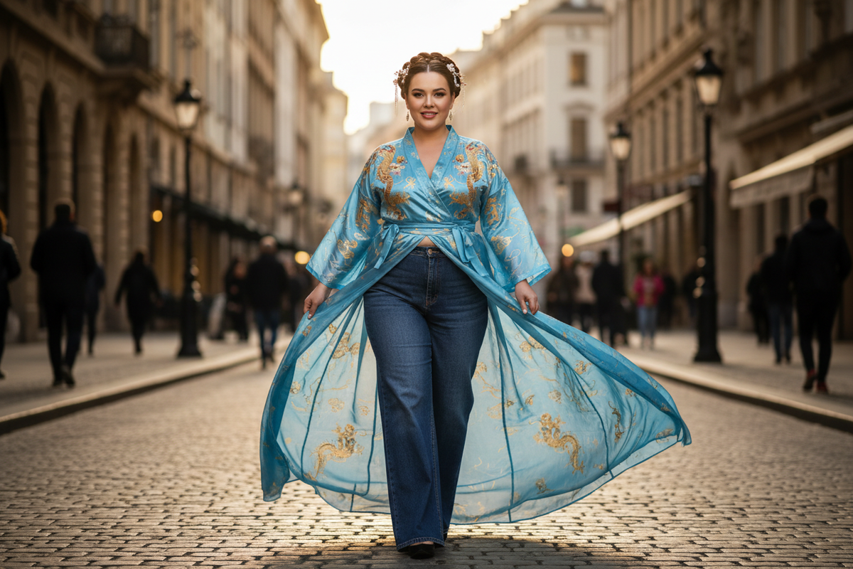 Olive Girl body positive ethereal style pairing a flowing adjustable Eastern drape Hanfu wrap top with premium denim jeans, eliminating size anxiety with inclusive elegance