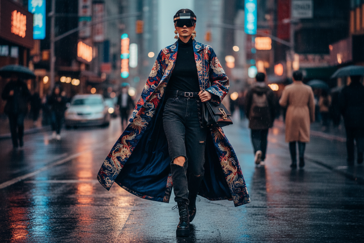 Editorial style mixing a flowing Eastern heritage Hanfu coat with structured streetwear denim.
