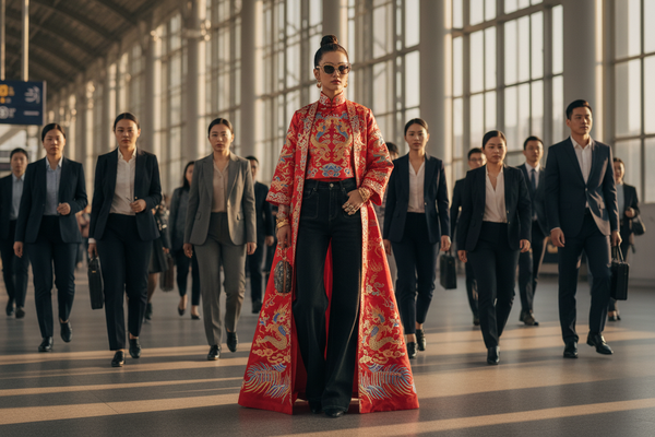 Editorial style mixing a flowing Hanfu coat with modern denim to elevate basic wardrobes.