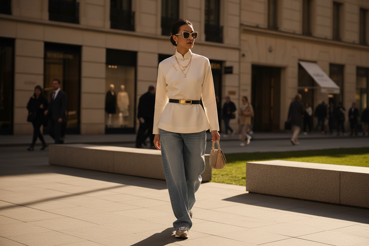 Beautiful Asian woman walking down a chic sunny city street wearing a sleek modern traditional Chinese Qipao top effortlessly styled with stylish wide-leg streetwear denim jeans