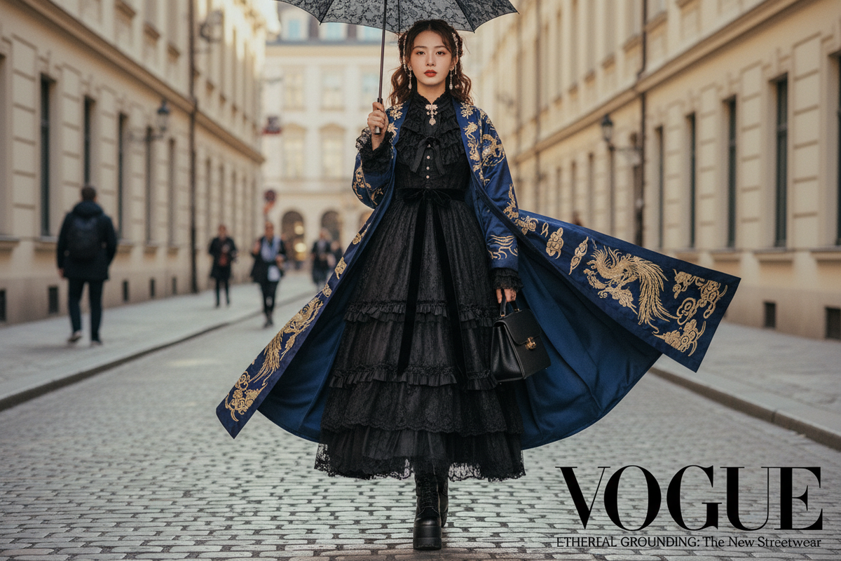A high fashion editorial photography of a beautiful Asian woman wearing a stunning dark romantic Lolita dress effortlessly styled with an elegant, flowing traditional Chinese Hanfu jacket walking down a chic European street
