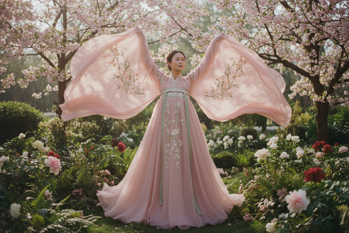 Fairycore dress 2026 — pink embroidered Hanfu with wide flowing sleeves in garden setting, ethereal cottagecore aesthetic, Olive Girl