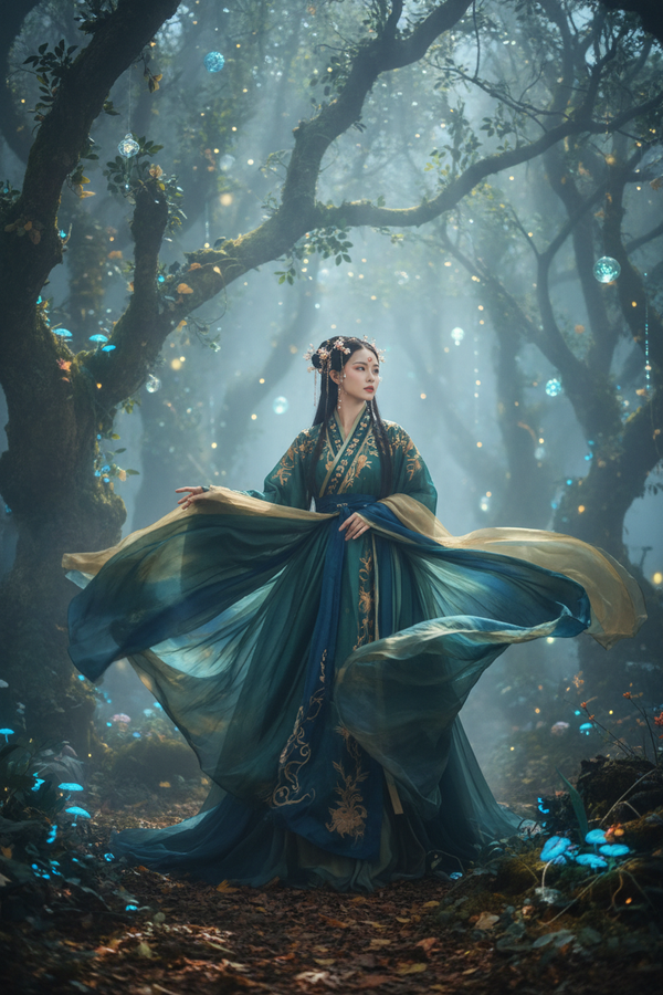 Beautiful Asian woman wearing a breathtaking flowing traditional Chinese Hanfu dress in an enchanted misty forest, capturing the ultimate fairycore photoshoot aesthetic
