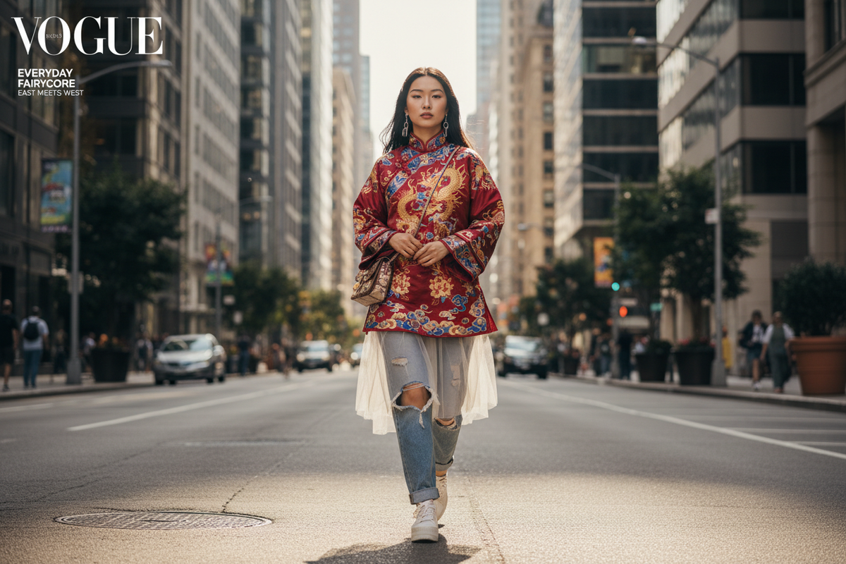 Beautiful Asian woman walking down a modern city street wearing a stunning traditional Chinese embroidered Hanfu top styled effortlessly with stylish denim jeans