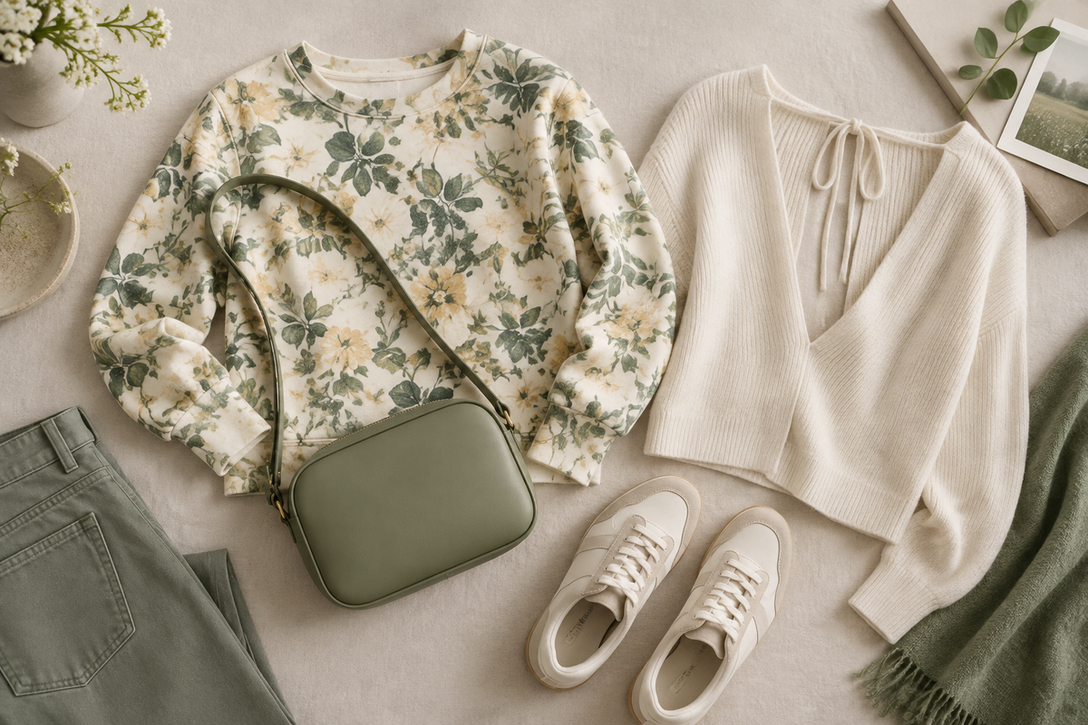 Conceptual crossbody bag beside statement tops for strap-path outfit planning.