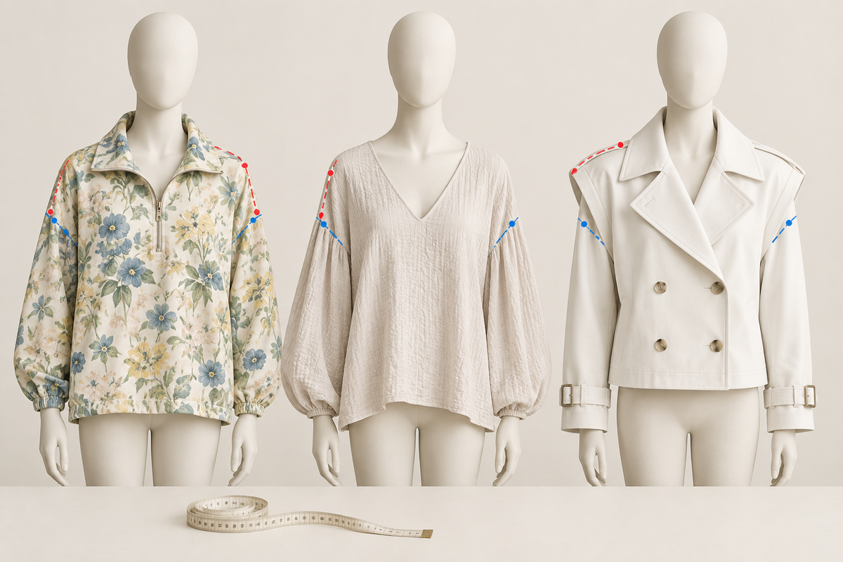 Conceptual upper garments comparing shoulder-seam placement and sleeve outlines.