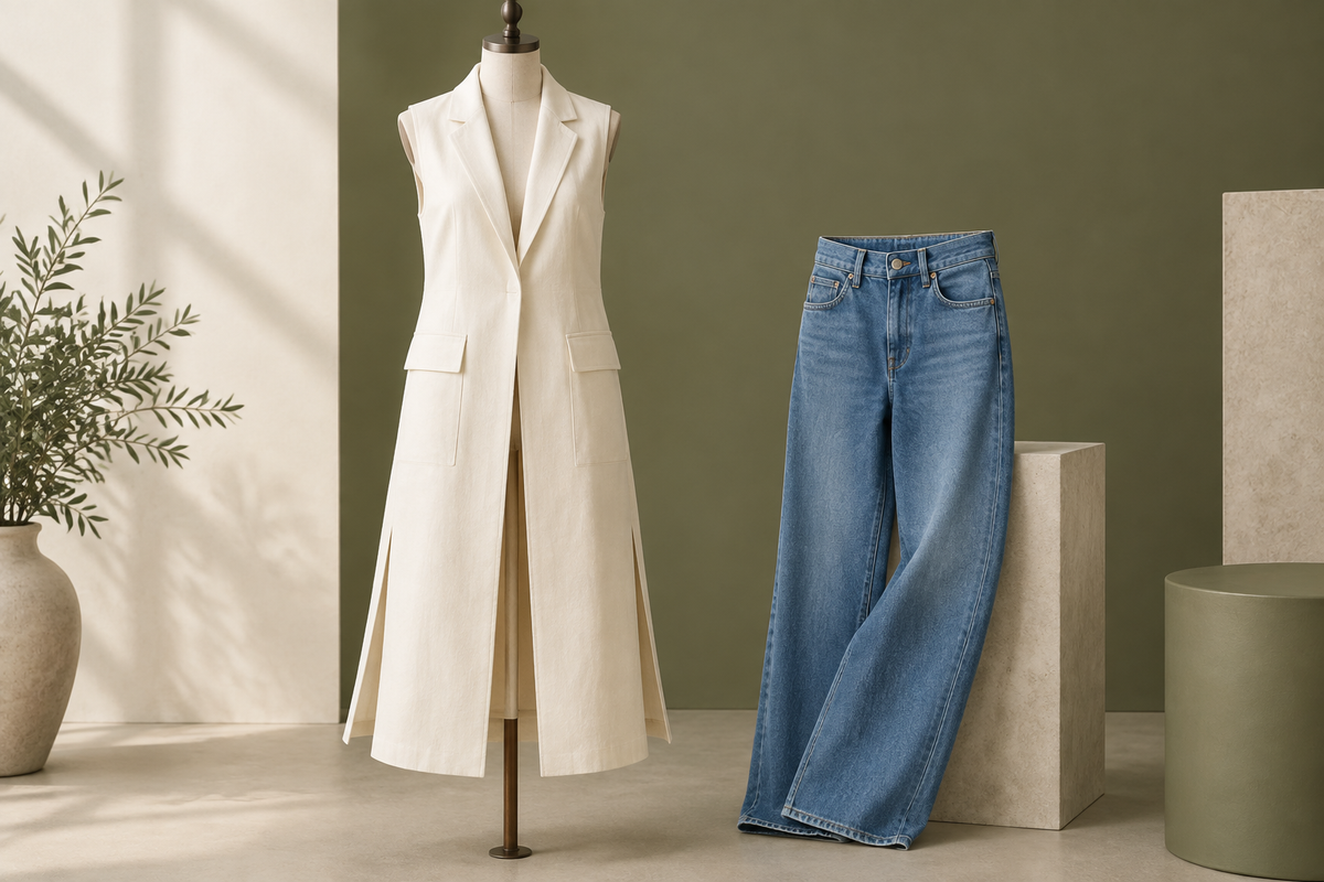 Conceptual long sleeveless lapel top with blue jeans arranged beside it.