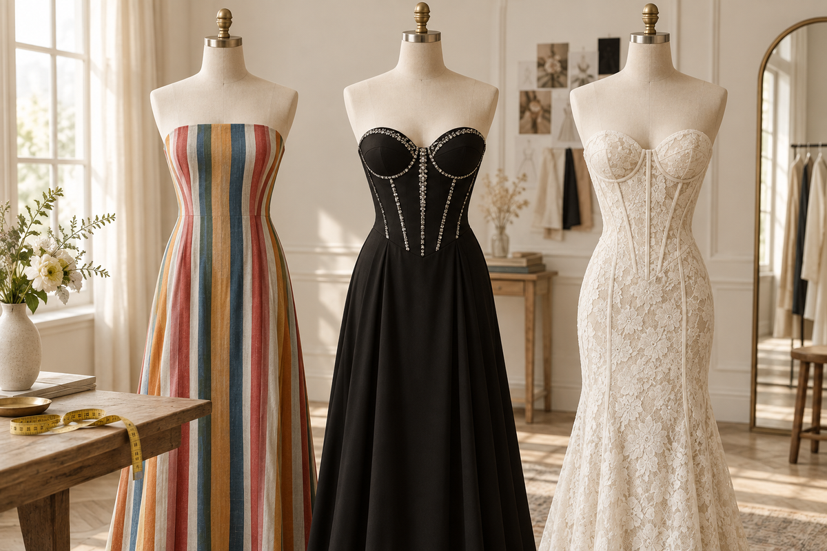 Three strapless outfit directions illustrating neckline shapes and bodice structure