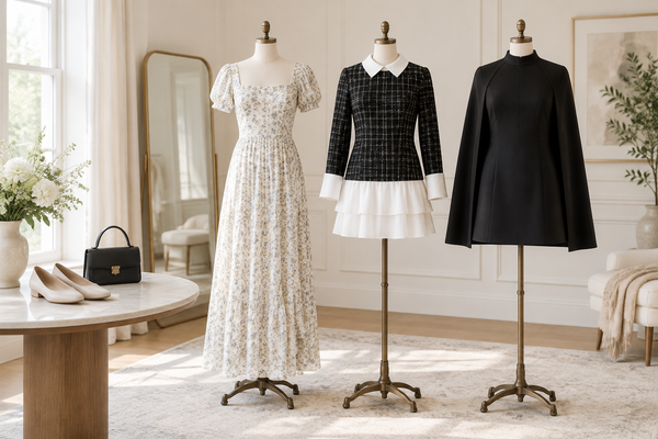 Three dress directions styled with separate shoes and a bag for thoughtful outfit budgeting