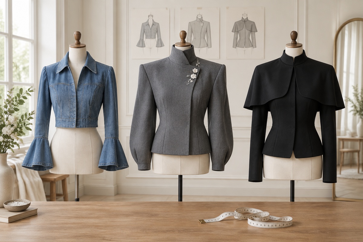 Three jacket silhouettes comparing broad shoulders, flared cuffs and cape-style upper panels