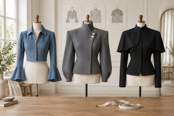 Three jacket silhouettes comparing broad shoulders, flared cuffs and cape-style upper panels