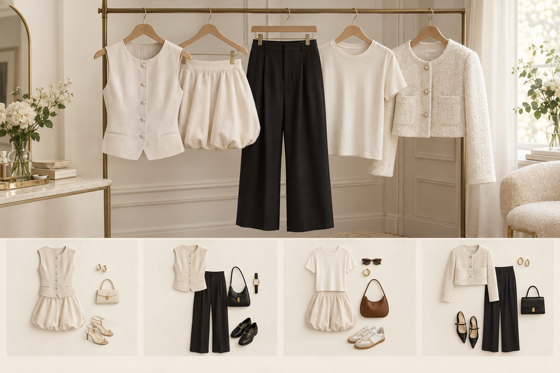 Matching vest and skirt beside plain trousers, a cream tee and an ivory jacket.