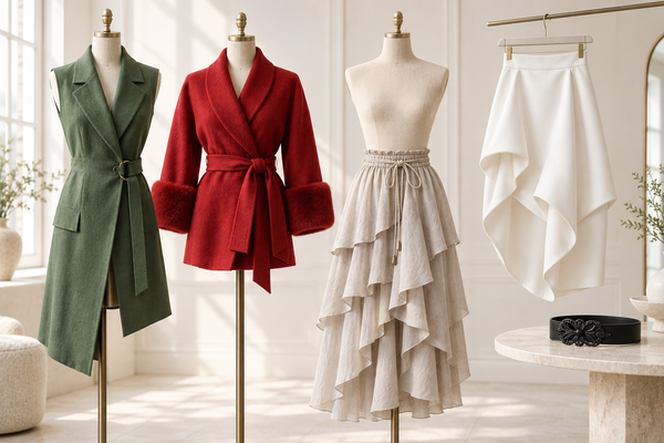 Four clothing directions comparing waist straps, threaded ties and a separate styling belt.